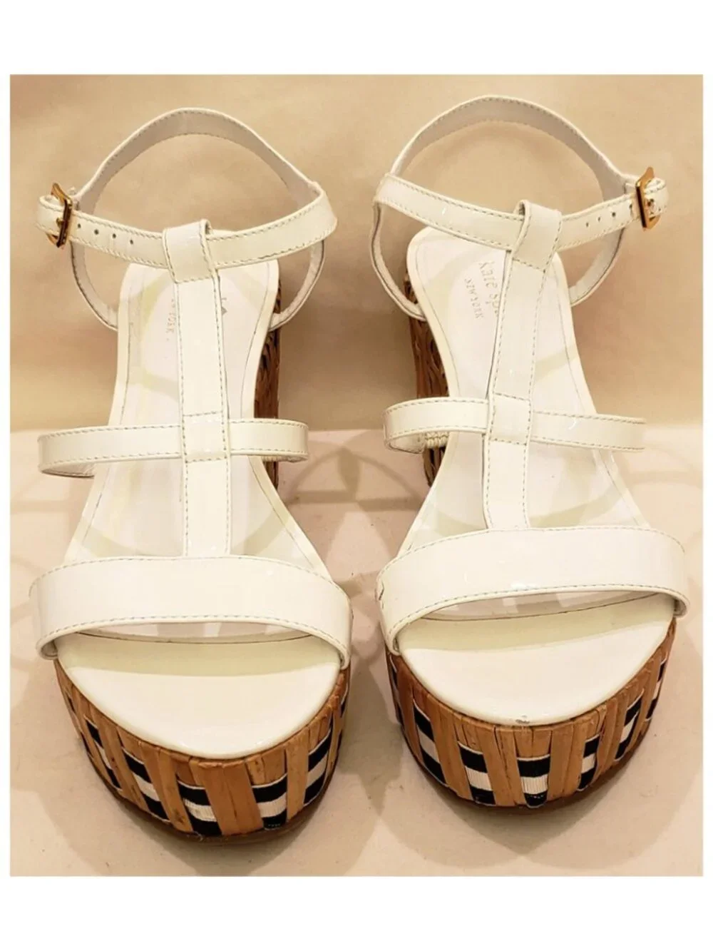 Kate Spade New York T-strap Wedge Sandals Size 9M White Patent Leather